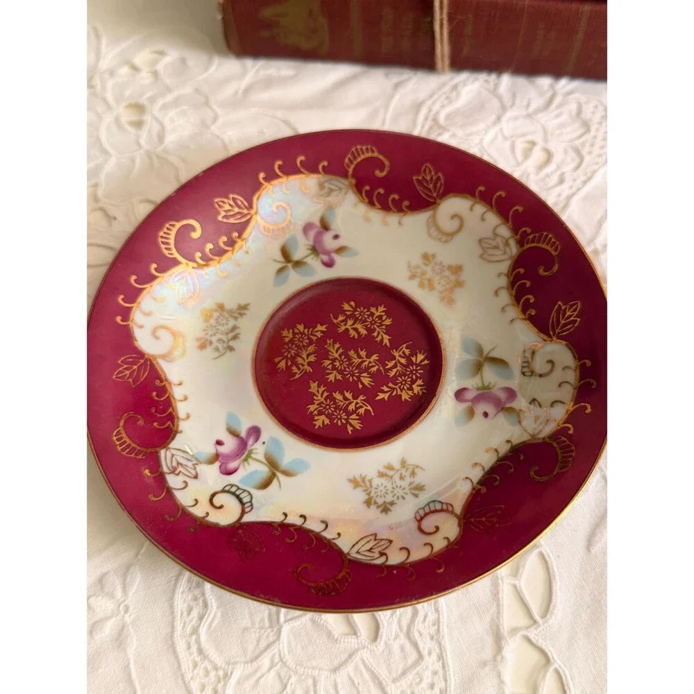Royal Sealy Lusterware Teacup Saucer, Ruby Red Pedestal China, Gold Gilt Cottage